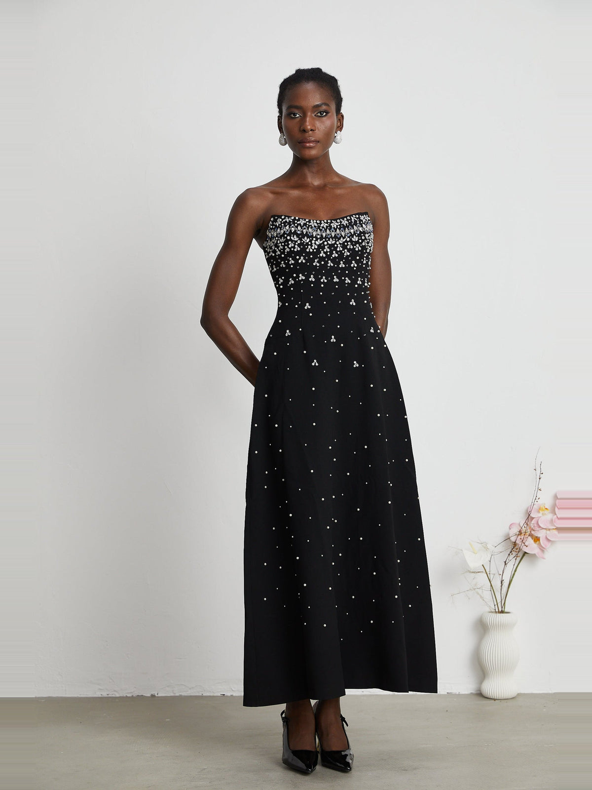 Melisande Off-Shoulder Beaded Maxi Gown - Black — Svelte Chic