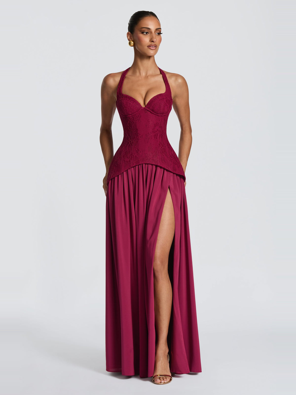 Almira Halter Lace Corset Maxi Dress with Slit — Svelte Chic