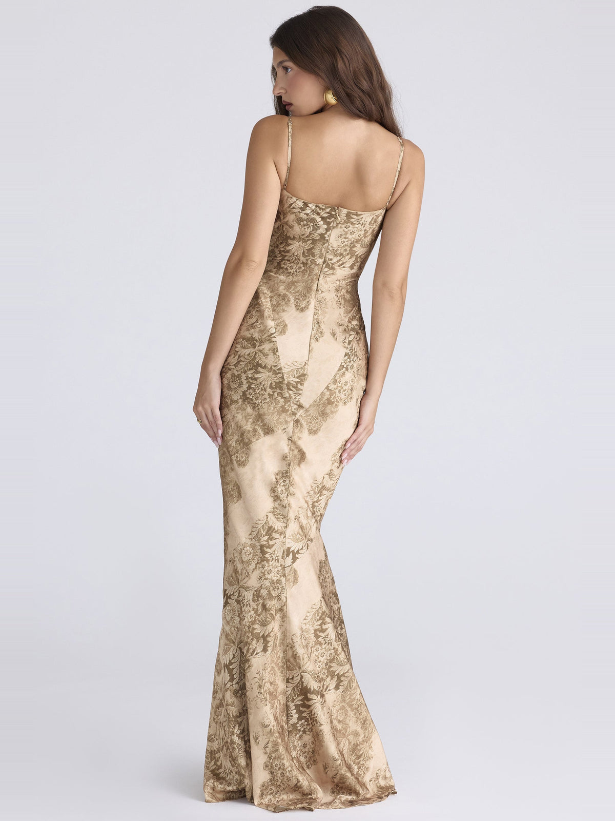 Nalani Printed Satin Strappy Fishtail Maxi Dress — Svelte Chic