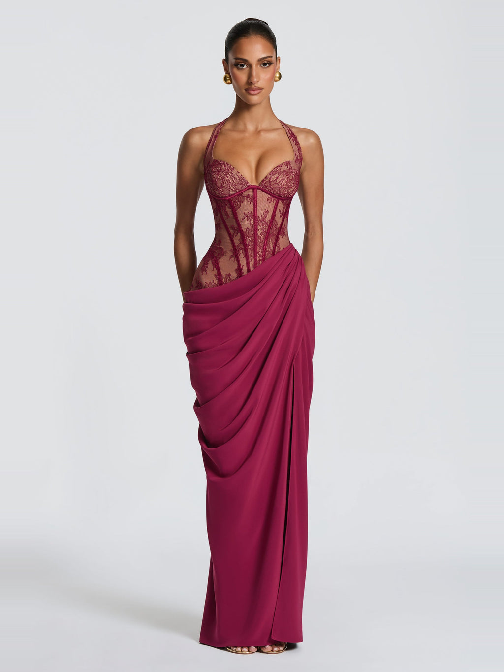 Bonita Halter Floral Lace Corset Maxi Dress with Slit — Svelte Chic
