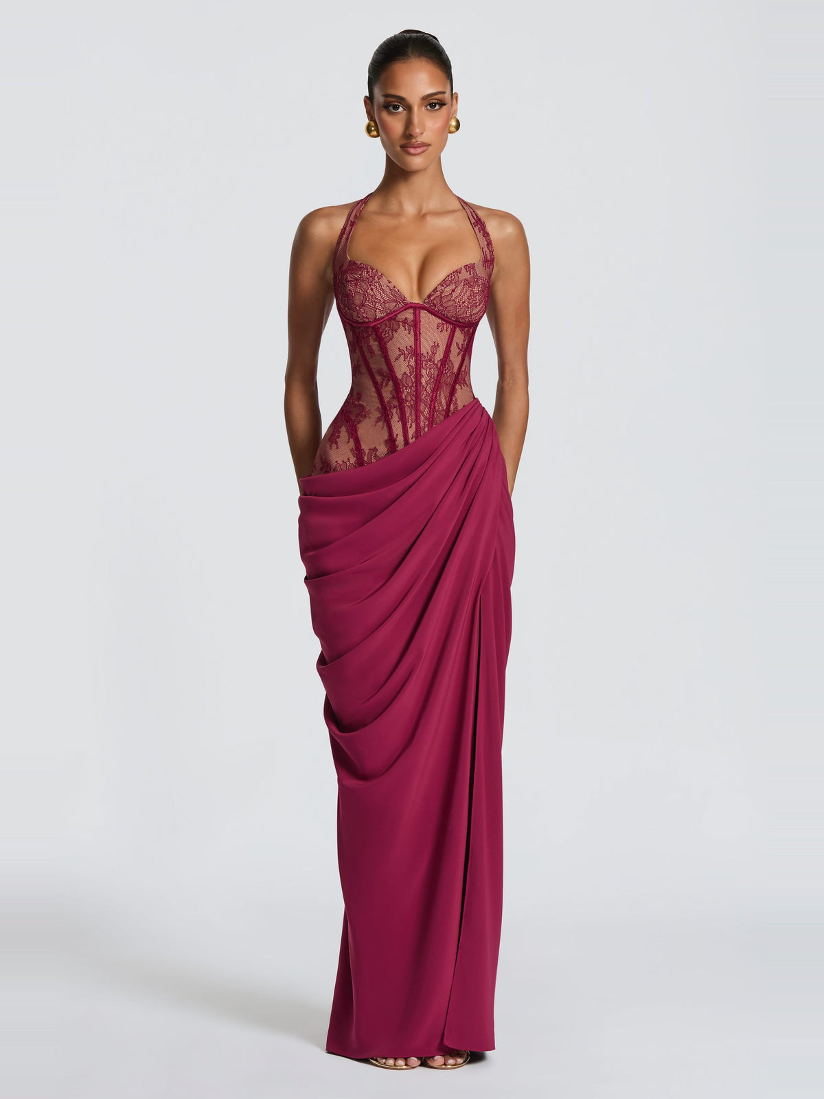 Bonita Halter Floral Lace Corset Maxi Dress with Slit — Svelte Chic