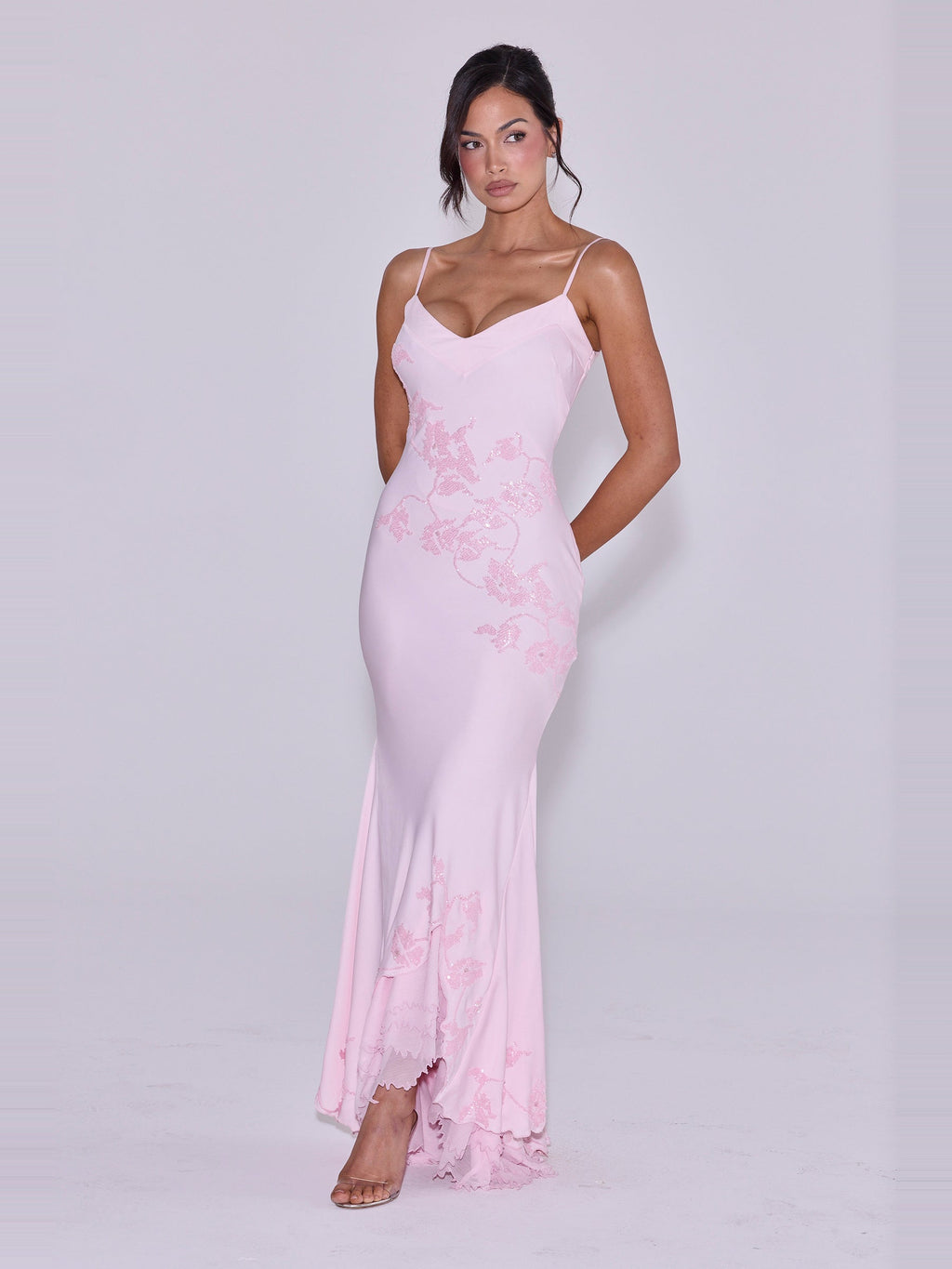 Anastelle Hand Beaded Satin Maxi Dress — Svelte Chic