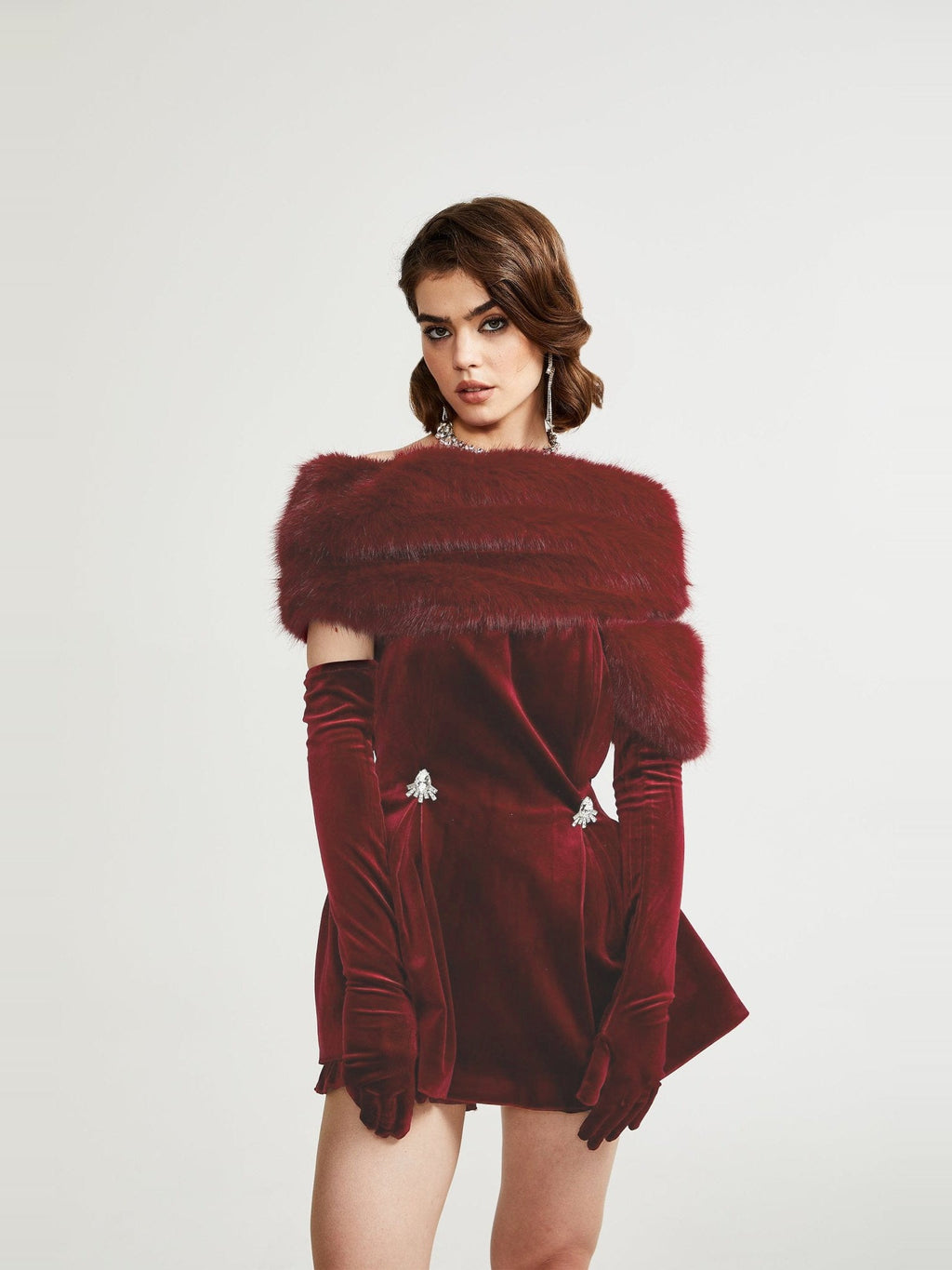 Wivika Strapless Velvet Faux-Fur Mini Dress - Burgundy — Svelte Chic