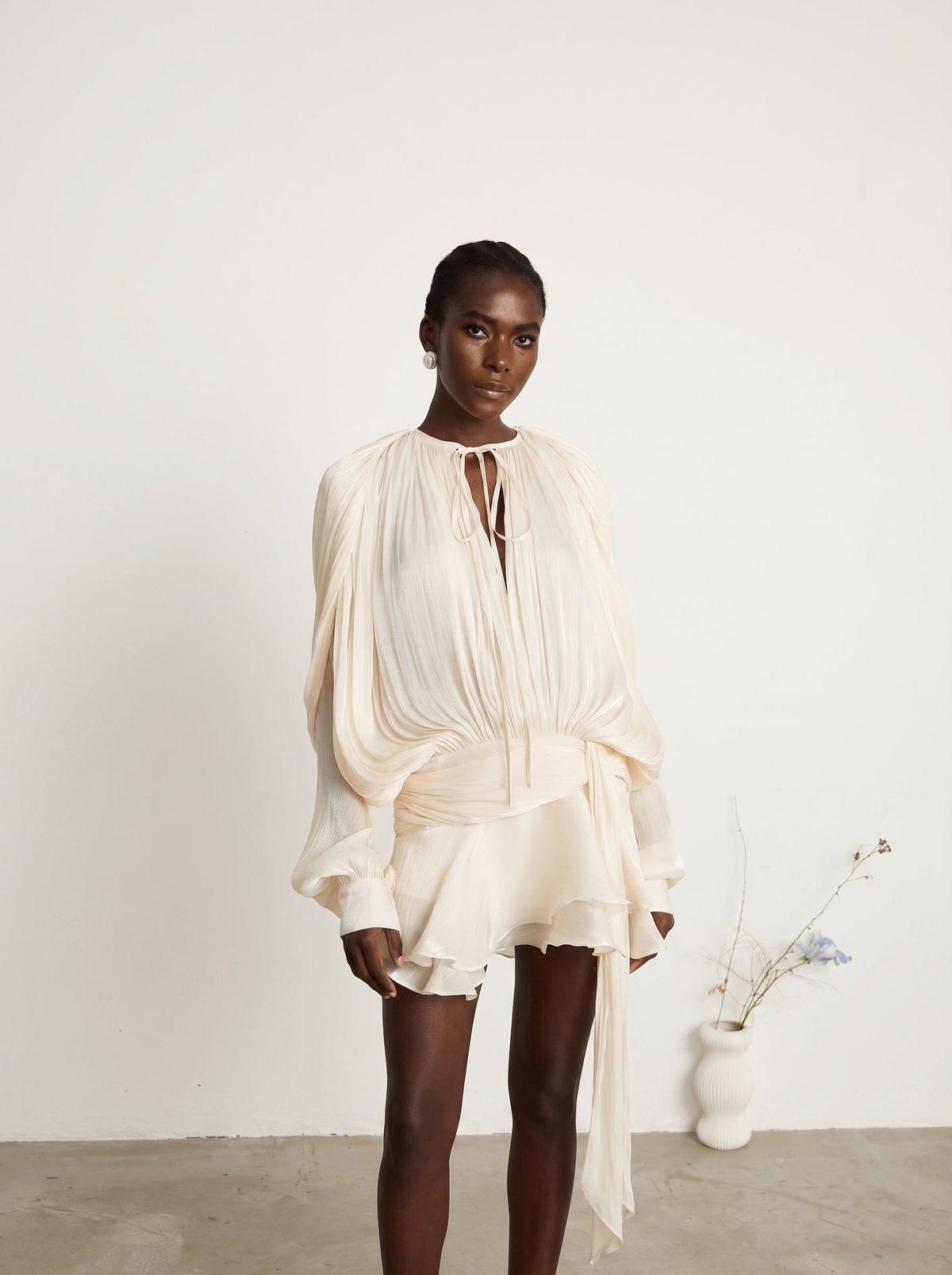 Eugenie Pleated Ruffle Mini Dress — Svelte Chic