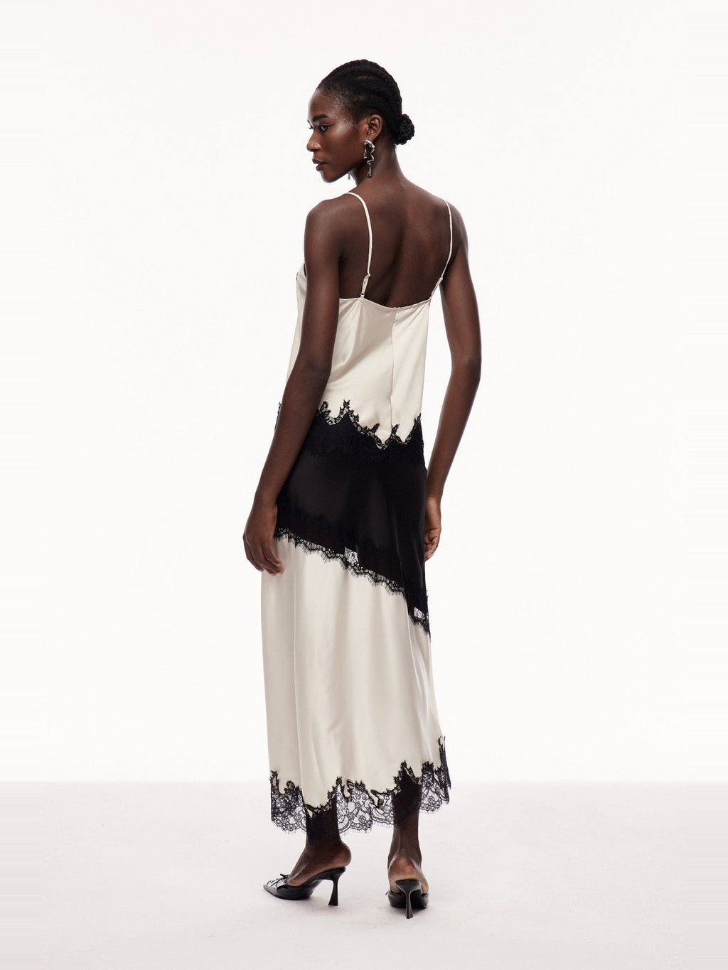 Bess Lace-Trimmed Asymmetric Satin Midi Skirt - Black and Cream — Svelte Chic
