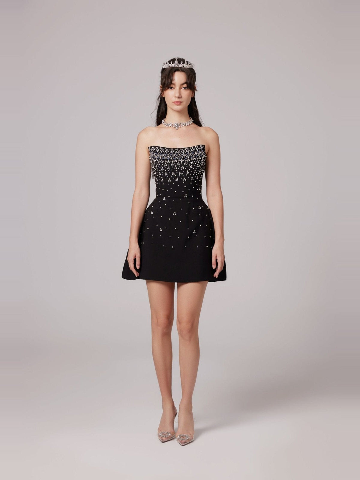 Melisande Off-Shoulder Beaded Sleeveless Mini Gown — Svelte Chic
