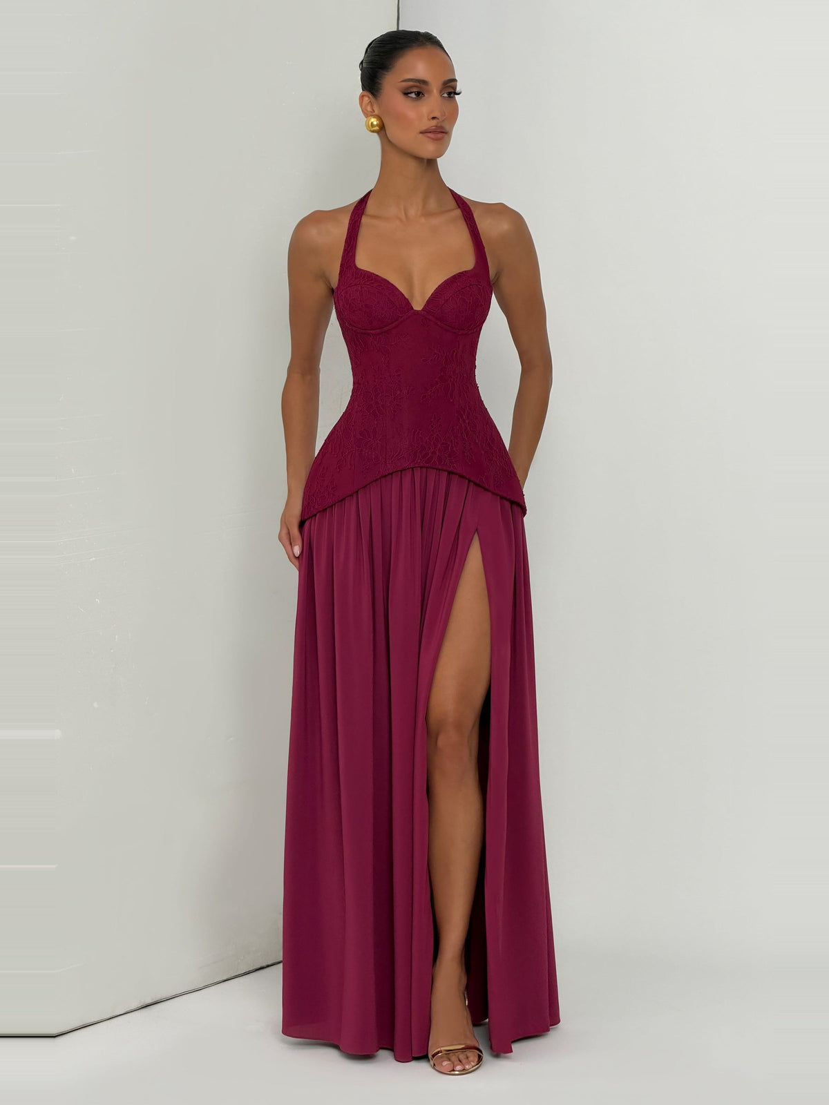 Almira Halter Lace Corset Maxi Dress with Slit — Svelte Chic