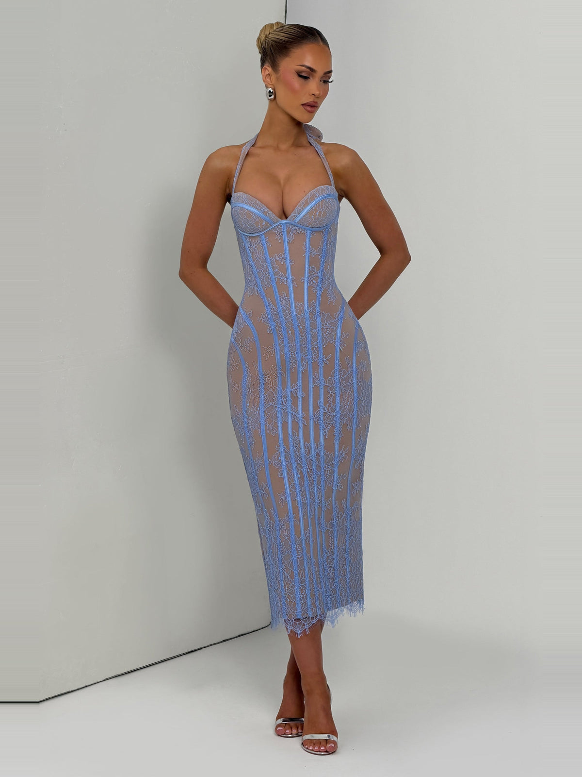 Rona Halter Lace Midi Dress with Slit — Svelte Chic