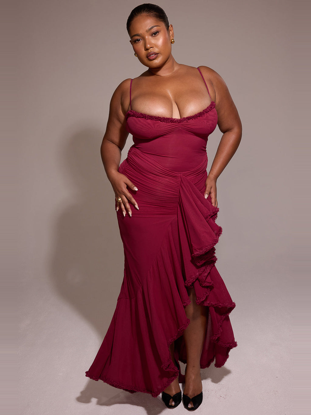 Gabbi Ruffle Front Trained Maxi Gown — Svelte Chic