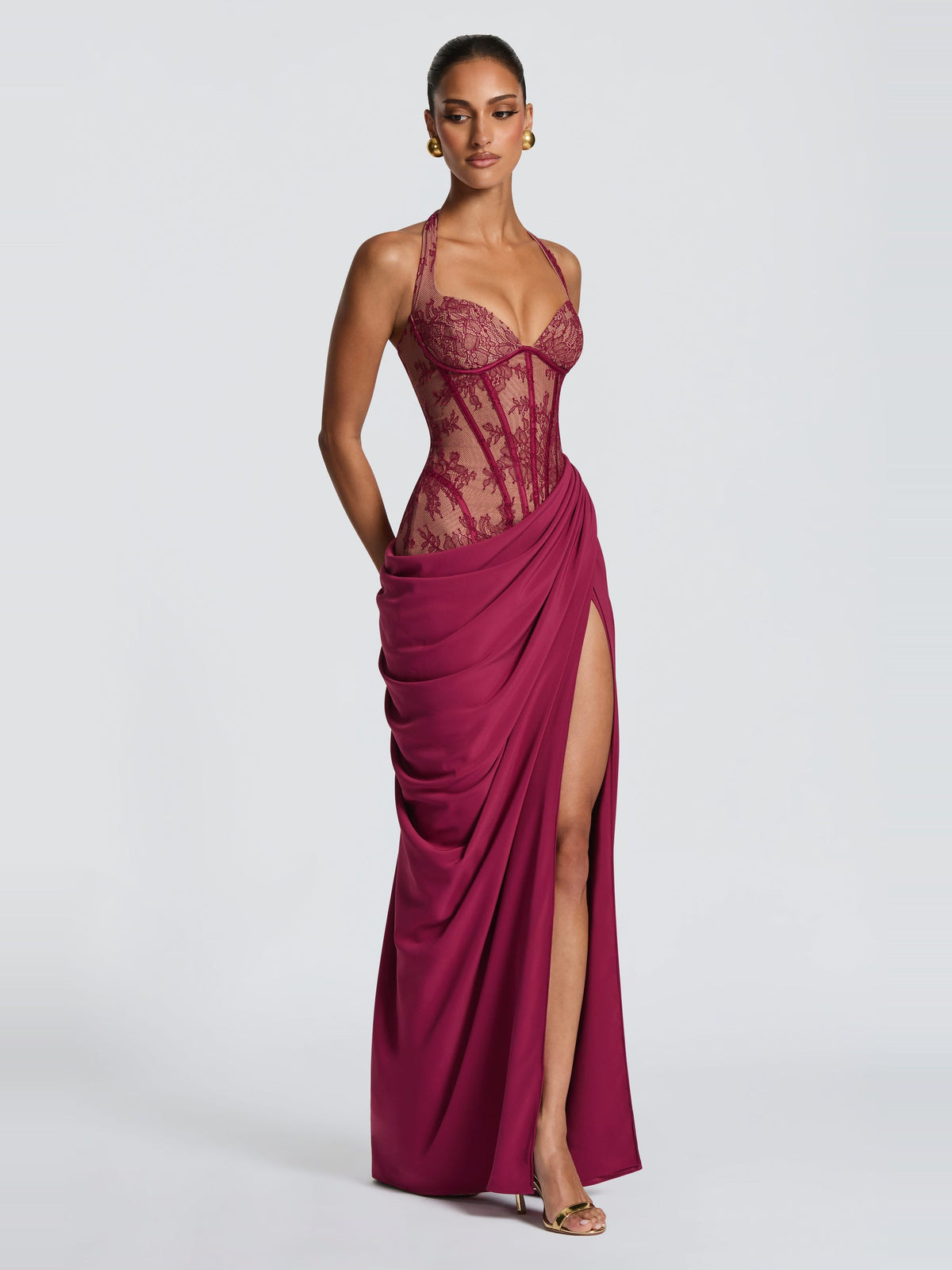 Bonita Halter Floral Lace Corset Maxi Dress with Slit — Svelte Chic