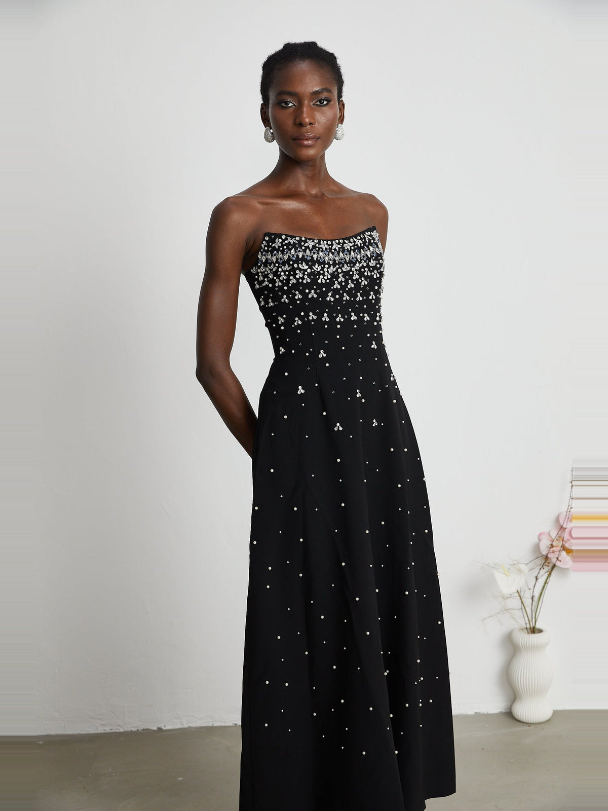 Melisande Off-Shoulder Beaded Maxi Gown - Black — Svelte Chic