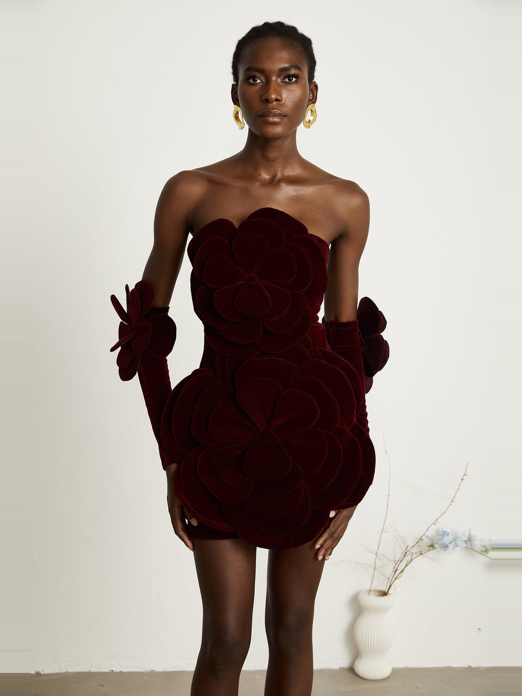 Azura Off-Shoulder Long-Sleeve Floral Velvet Mini Dress - Red — Svelte Chic