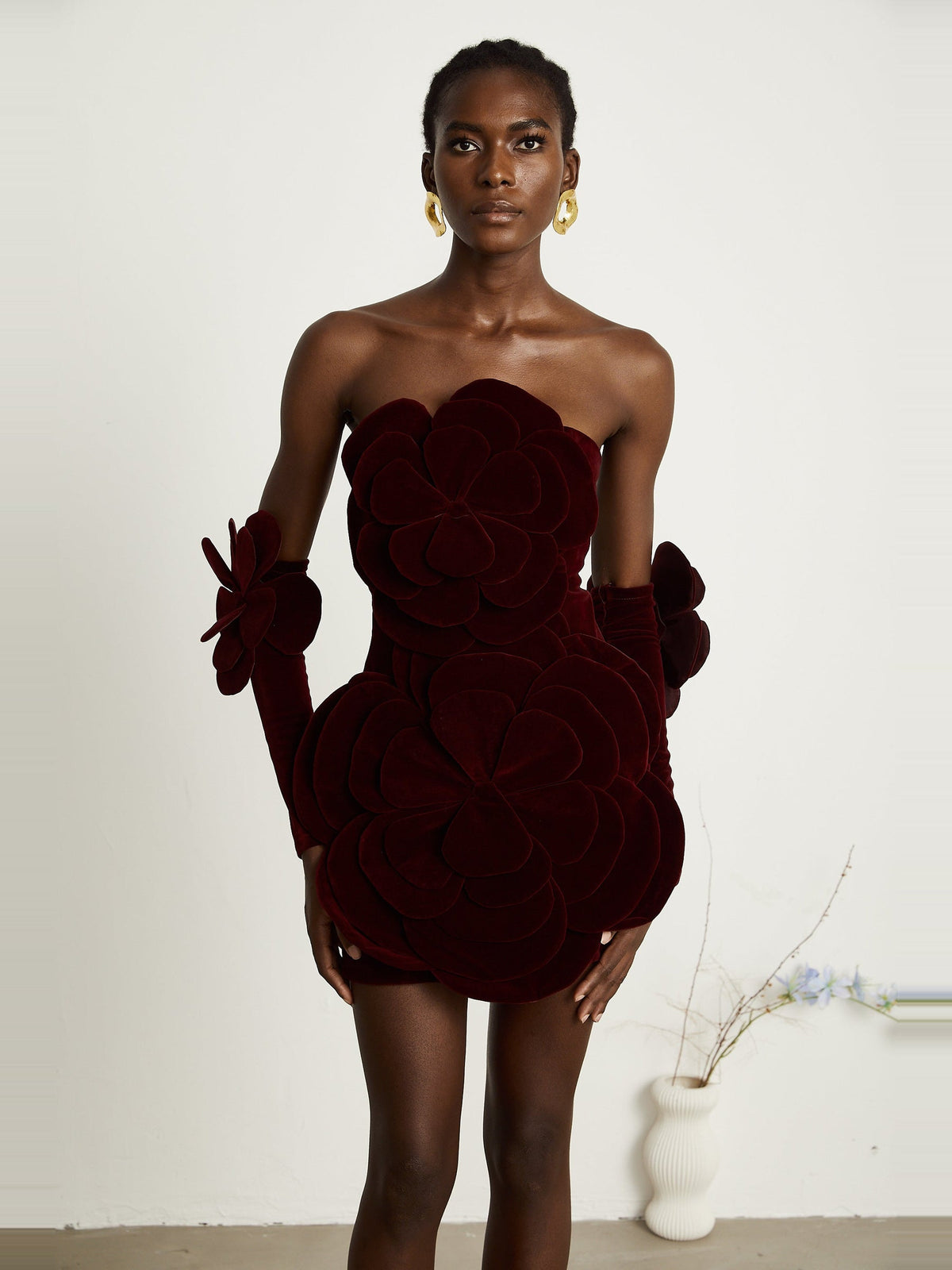 Azura Off-Shoulder Long-Sleeve Floral Velvet Mini Dress - Red — Svelte Chic