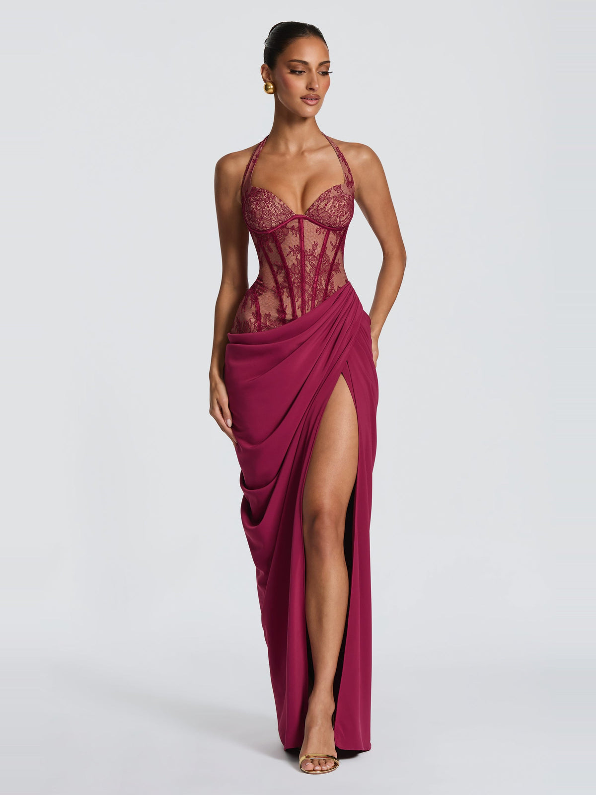 Bonita Halter Floral Lace Corset Maxi Dress with Slit — Svelte Chic