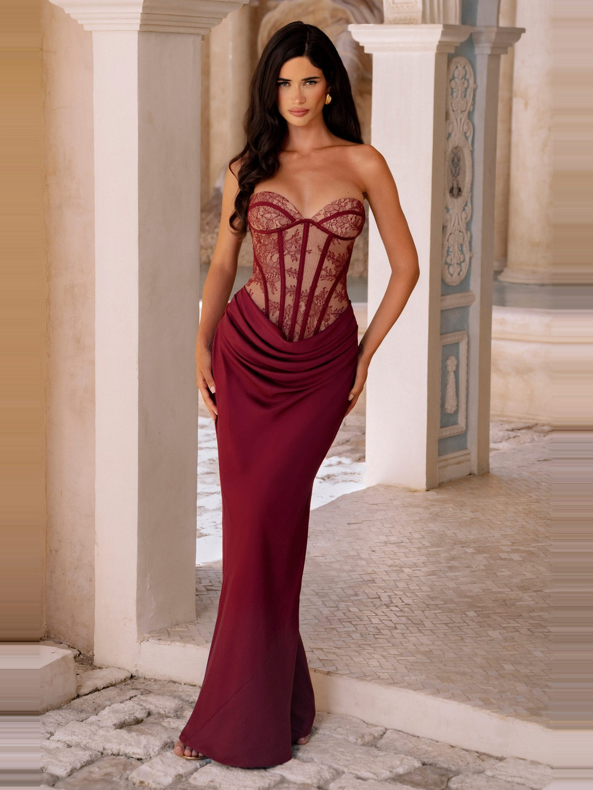 Kathleen Strapless Lace Corset Maxi Dress — Svelte Chic