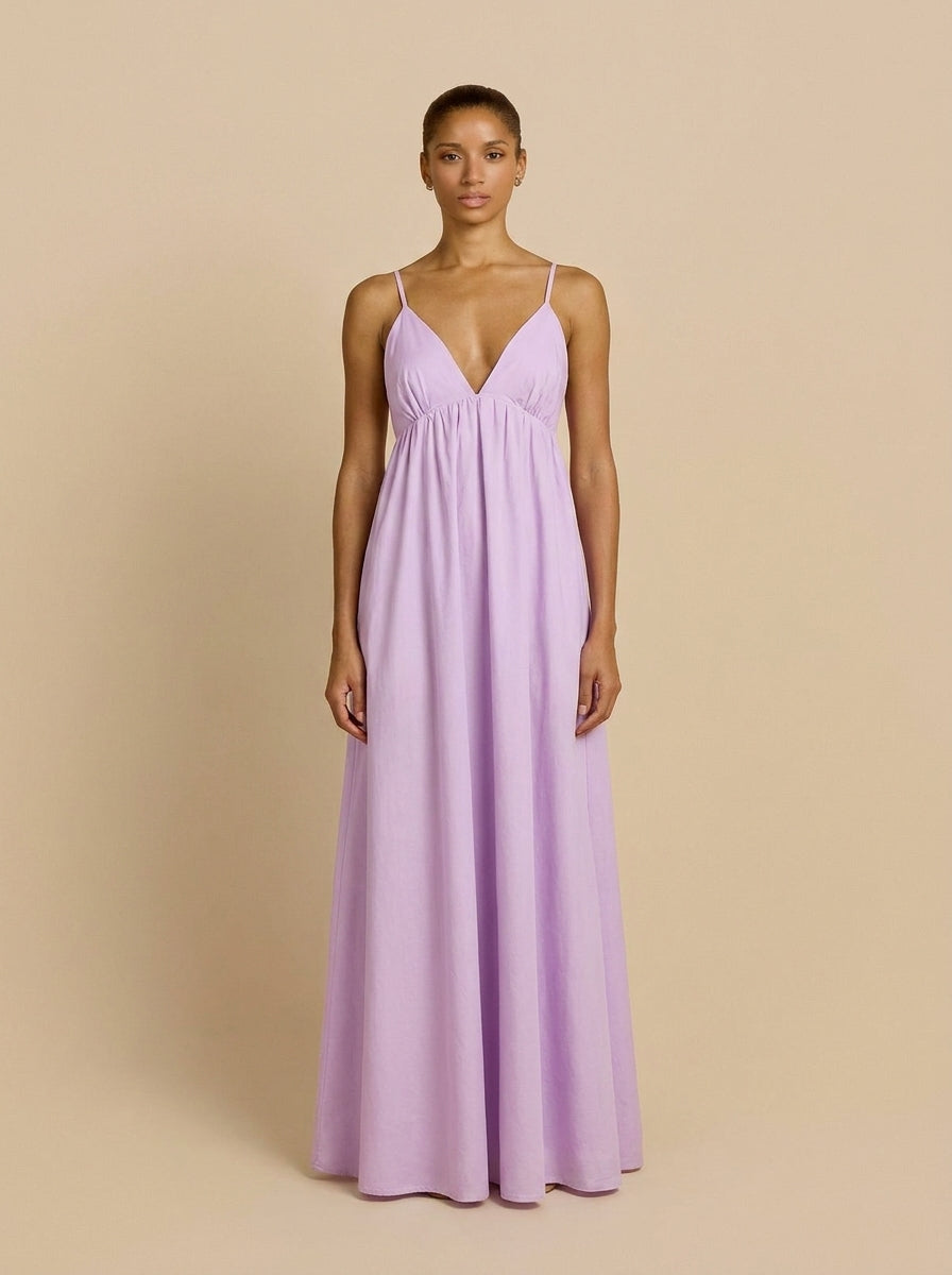 V-Neck Open Back Cotton Maxi Dress in Pink — Svelte Chic