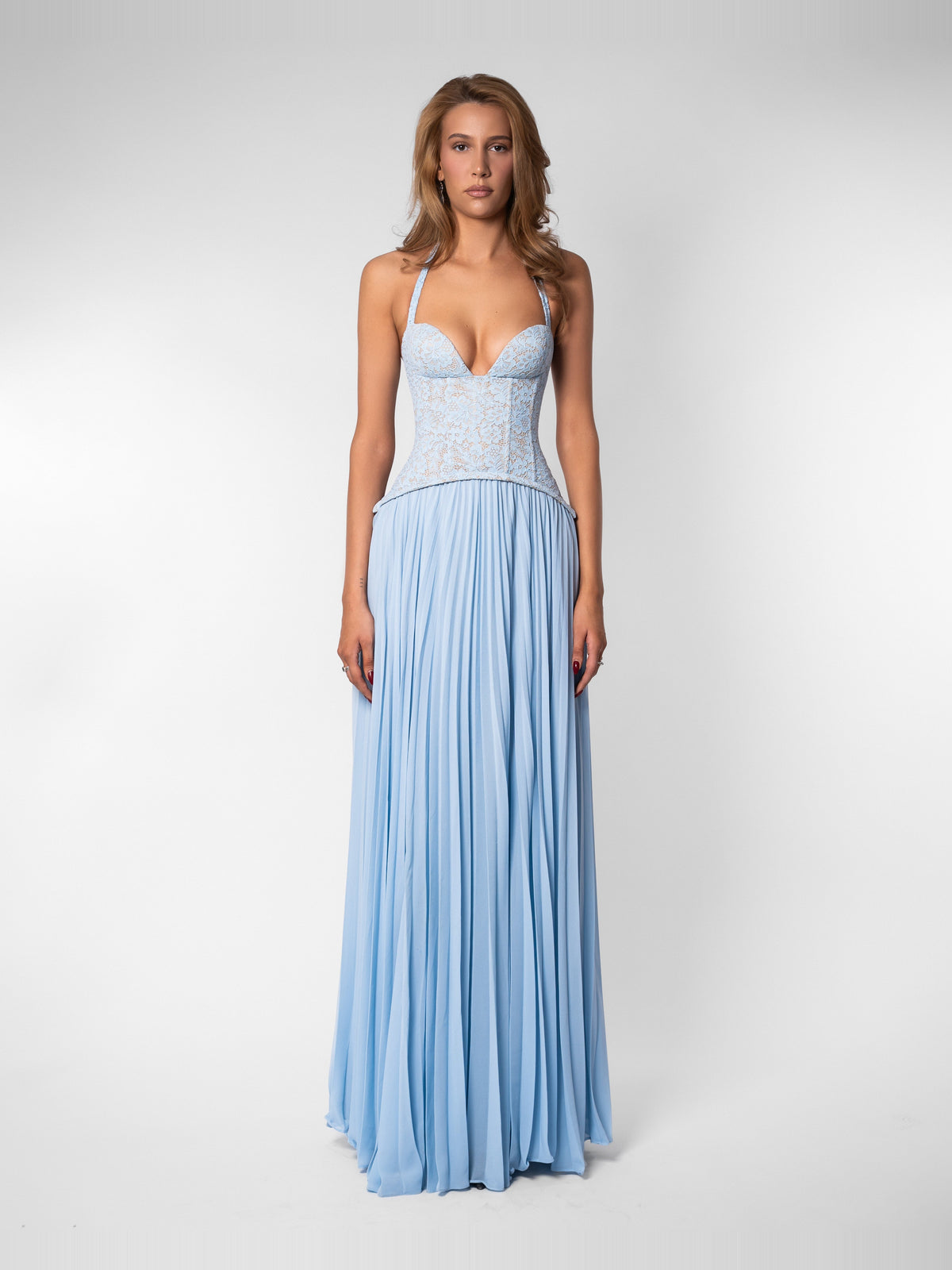Gaia Halter Lace Corset Maxi Dress in Blue — Svelte Chic