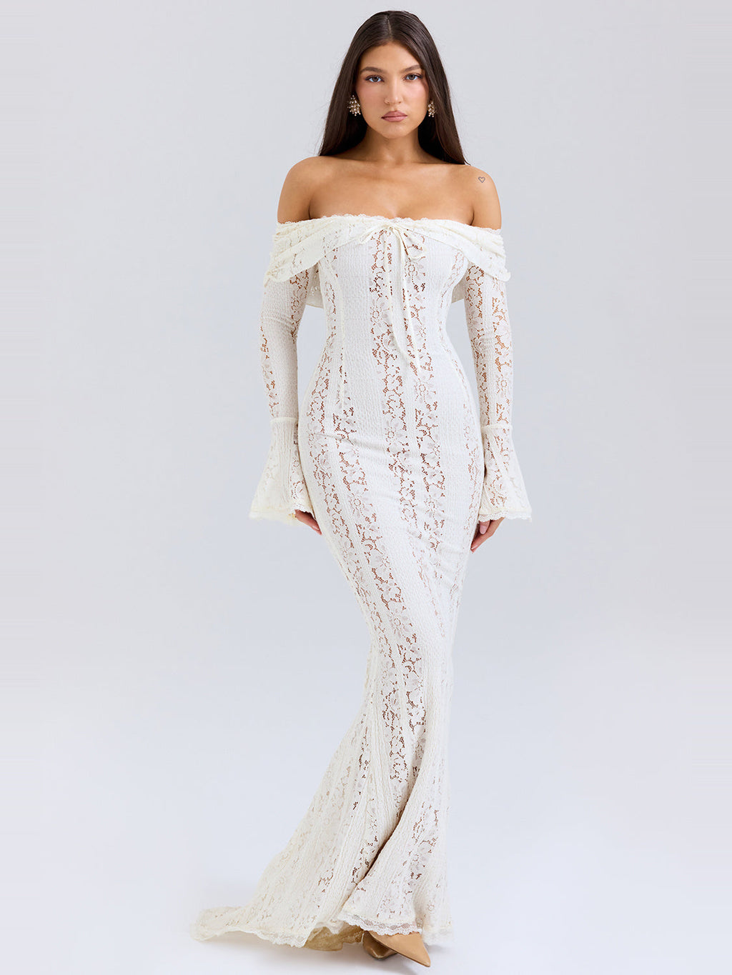 Belle Off Shoulder Floral Lace Maxi Dress in Cream — Svelte Chic