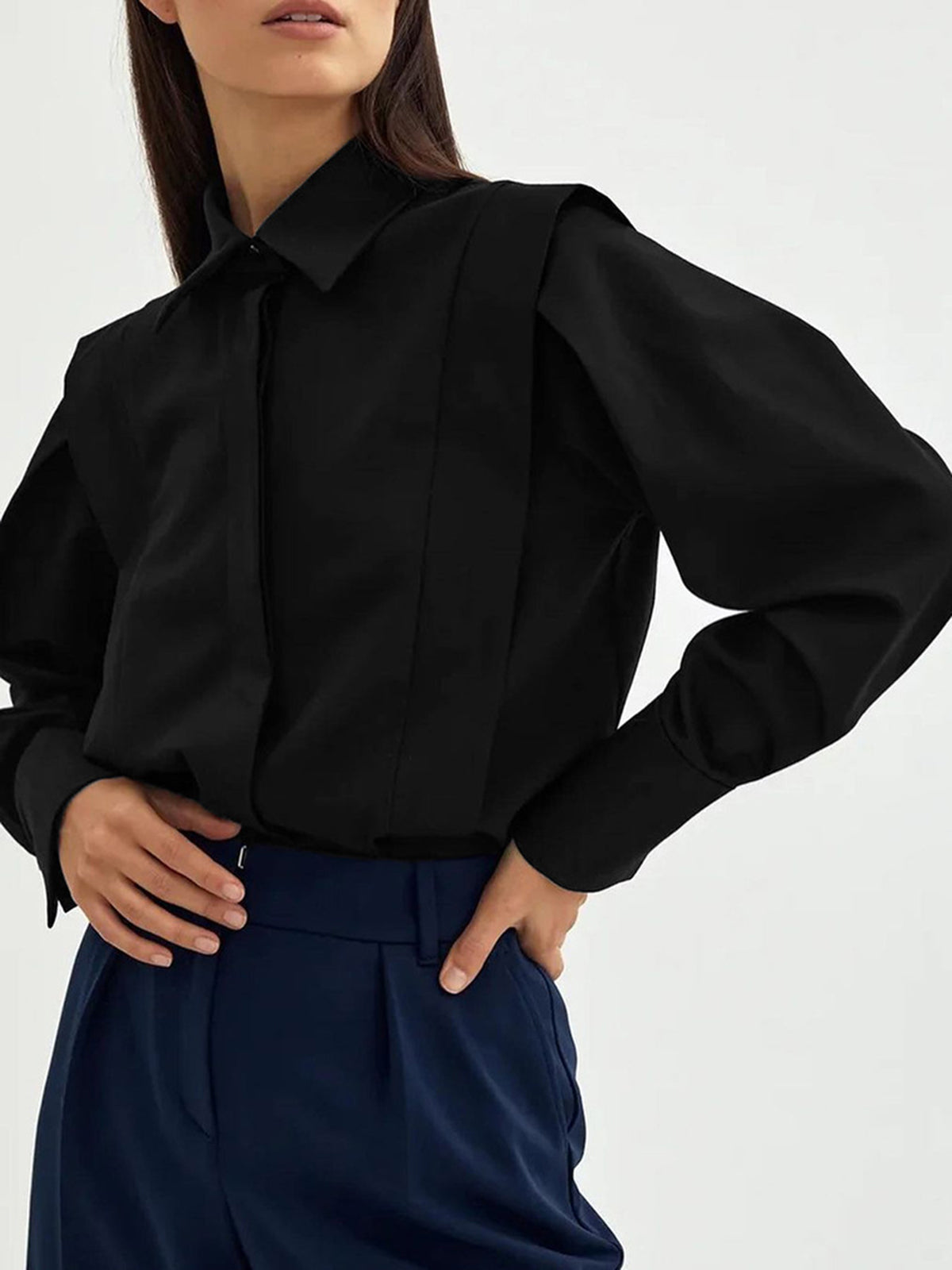 Oversized Wide Collar Pleated Shoulder Cotton Shirt in Black — Svelte Chic