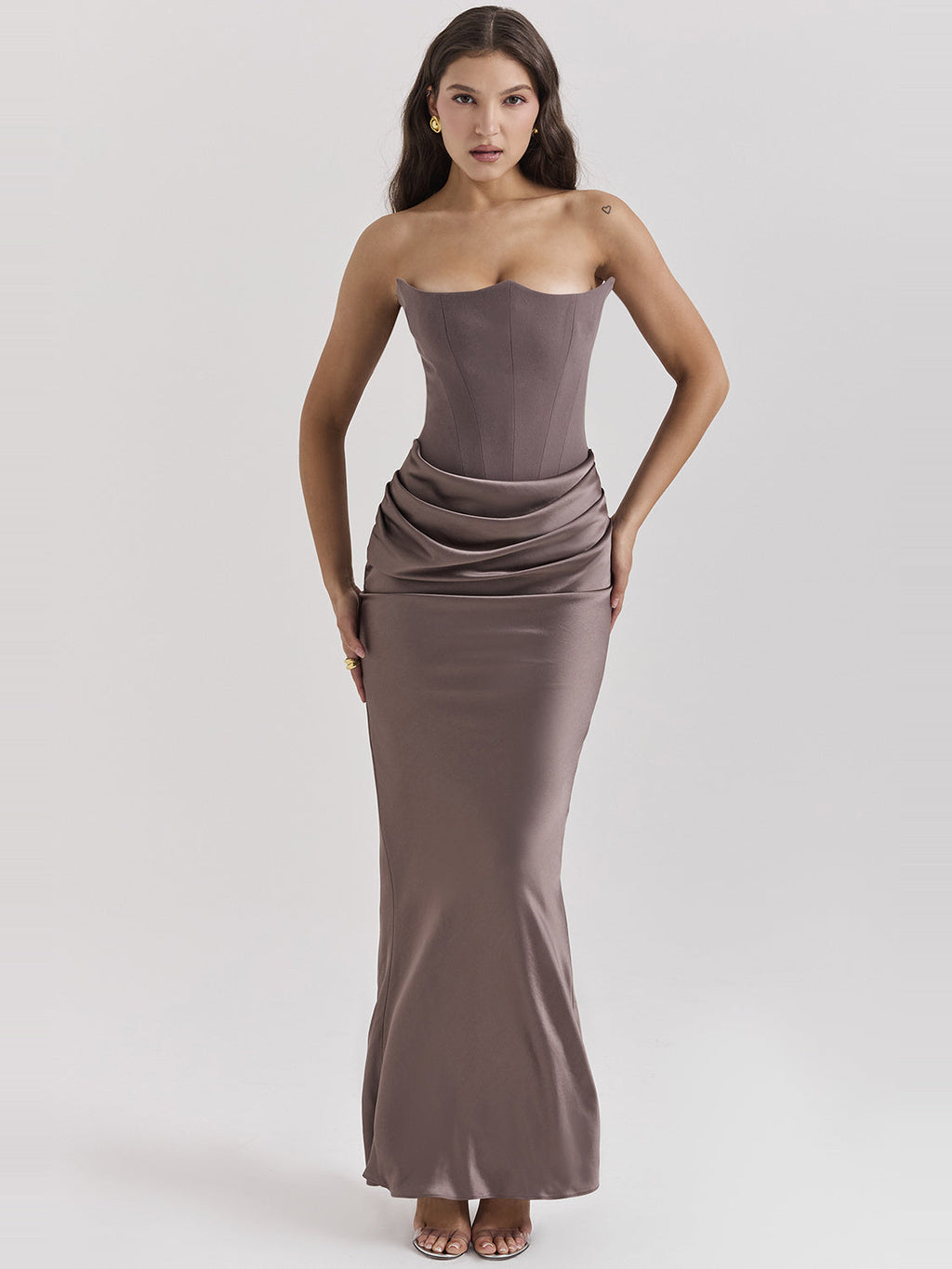 Persephone Strapless Corset Draped Maxi Dress in Charcoal — Svelte Chic