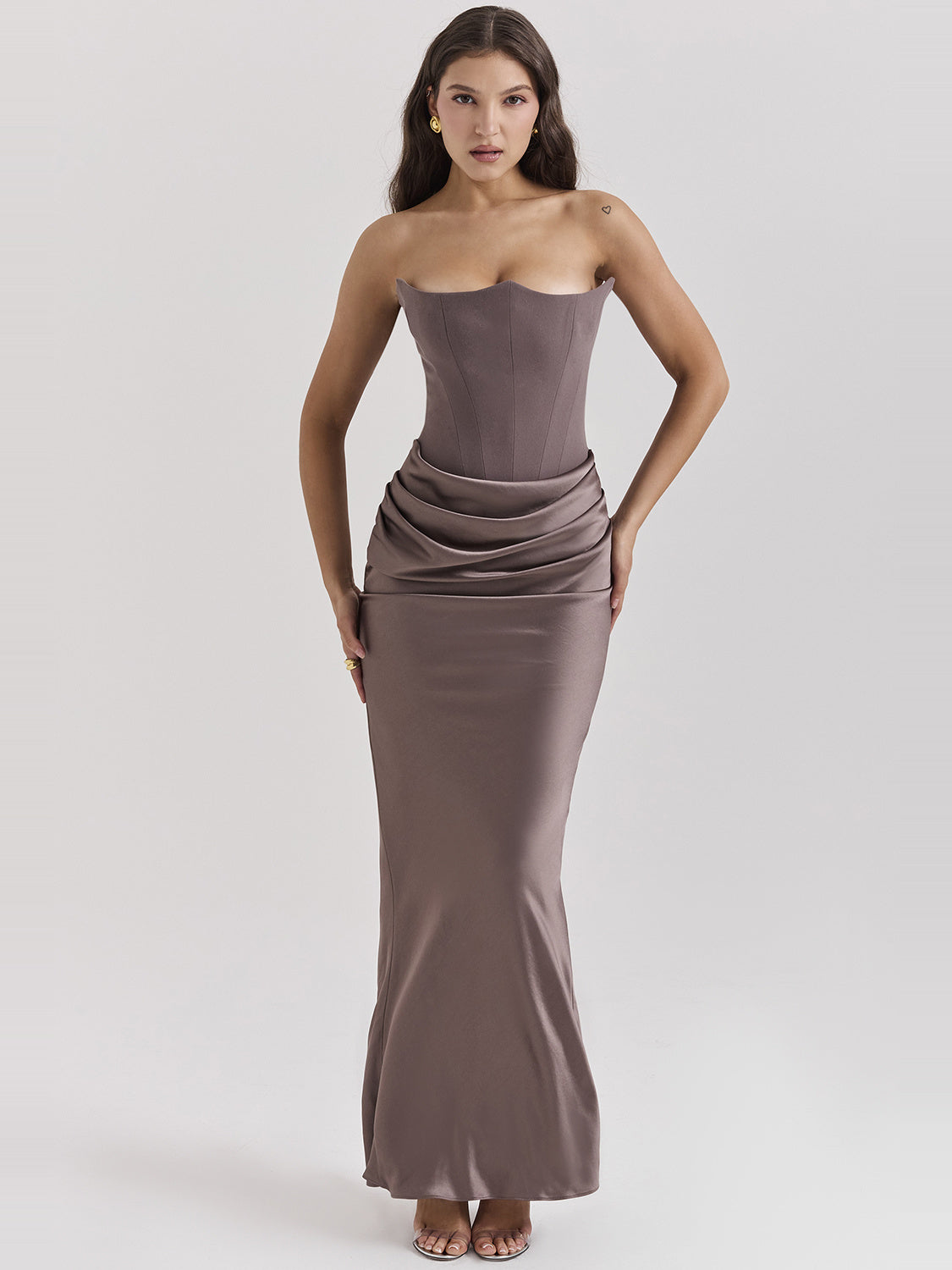 Persephone Strapless Corset Draped Maxi Dress in Charcoal — Svelte Chic
