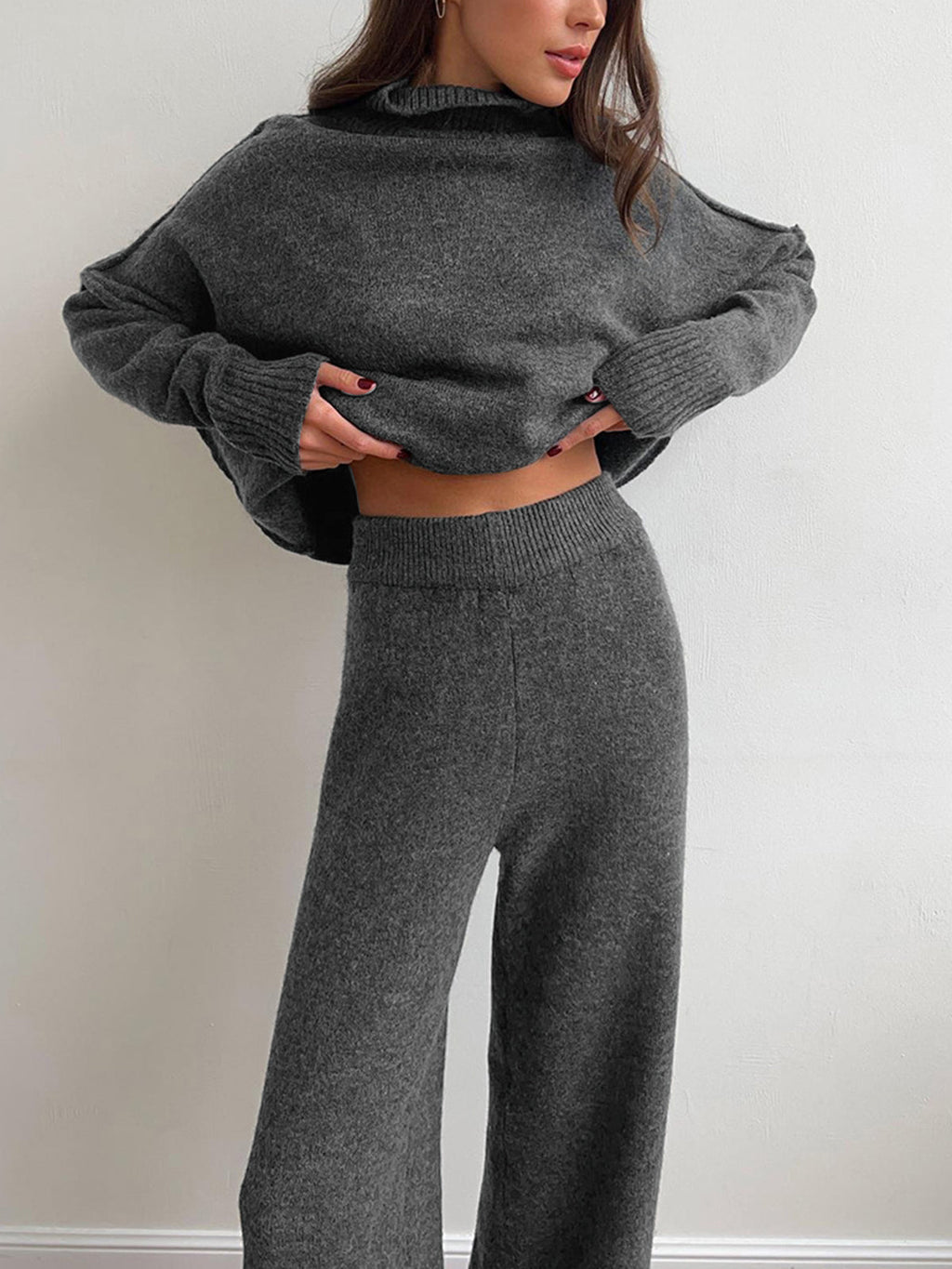 Turtleneck Oversized Knit Top and Pants Set in Grey — Svelte Chic