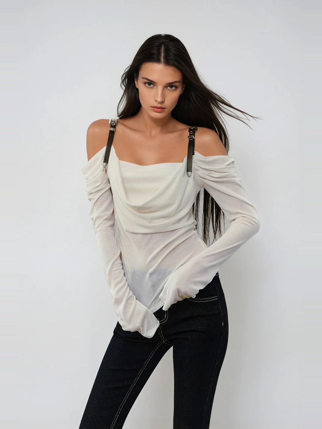 Derren Off-Shoulder Draped Buckle Strap Long Sleeve Top in White — Svelte Chic