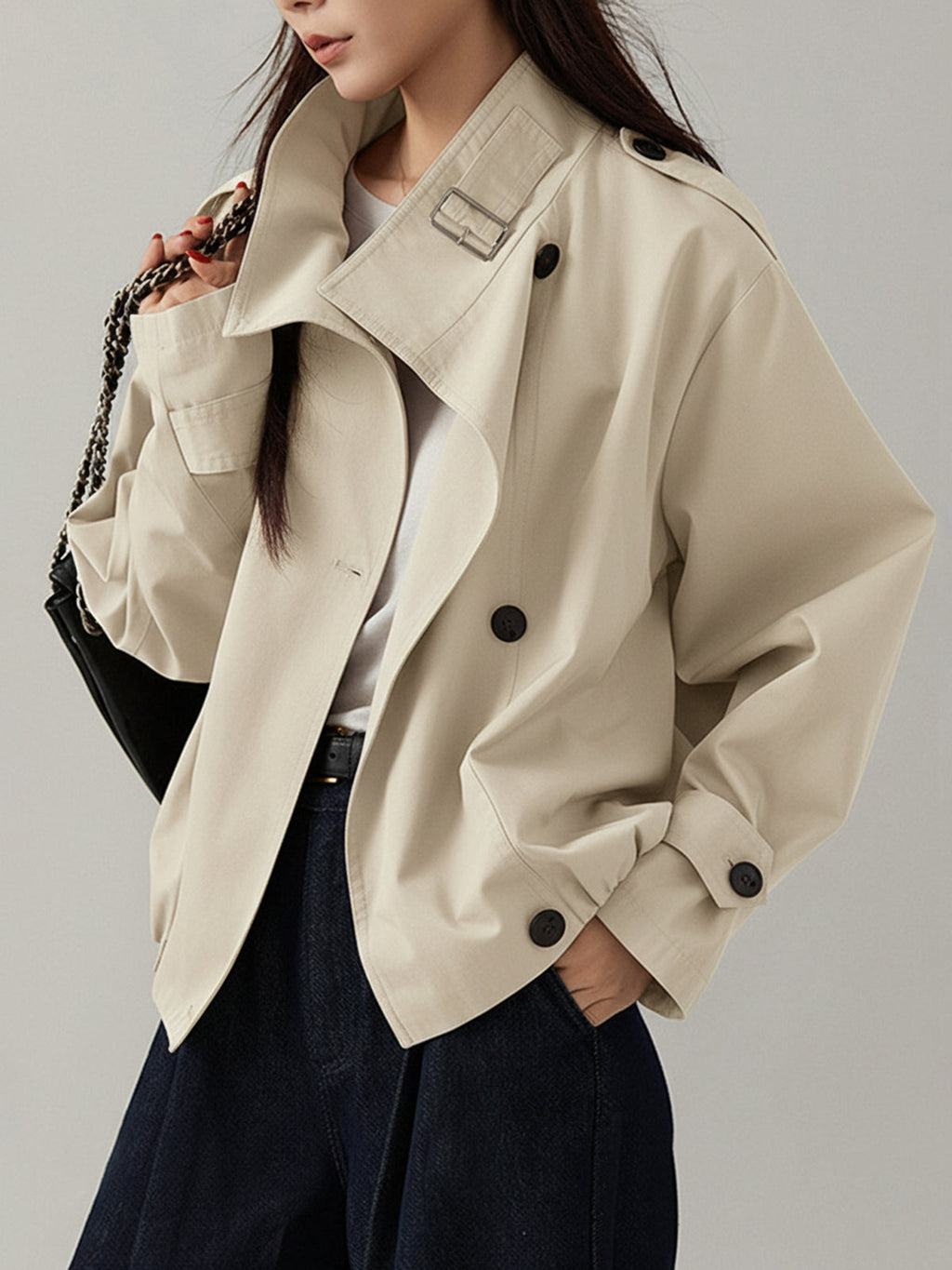 Oversized Double-Breasted Cropped Trench Coat in Off-White — Svelte Chic