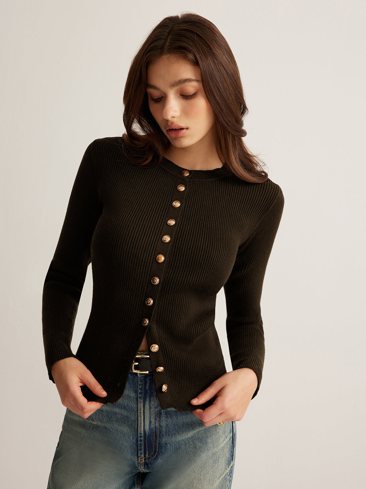 Button Down Ribbed Slim Knit Top in Dark Brown — Svelte Chic