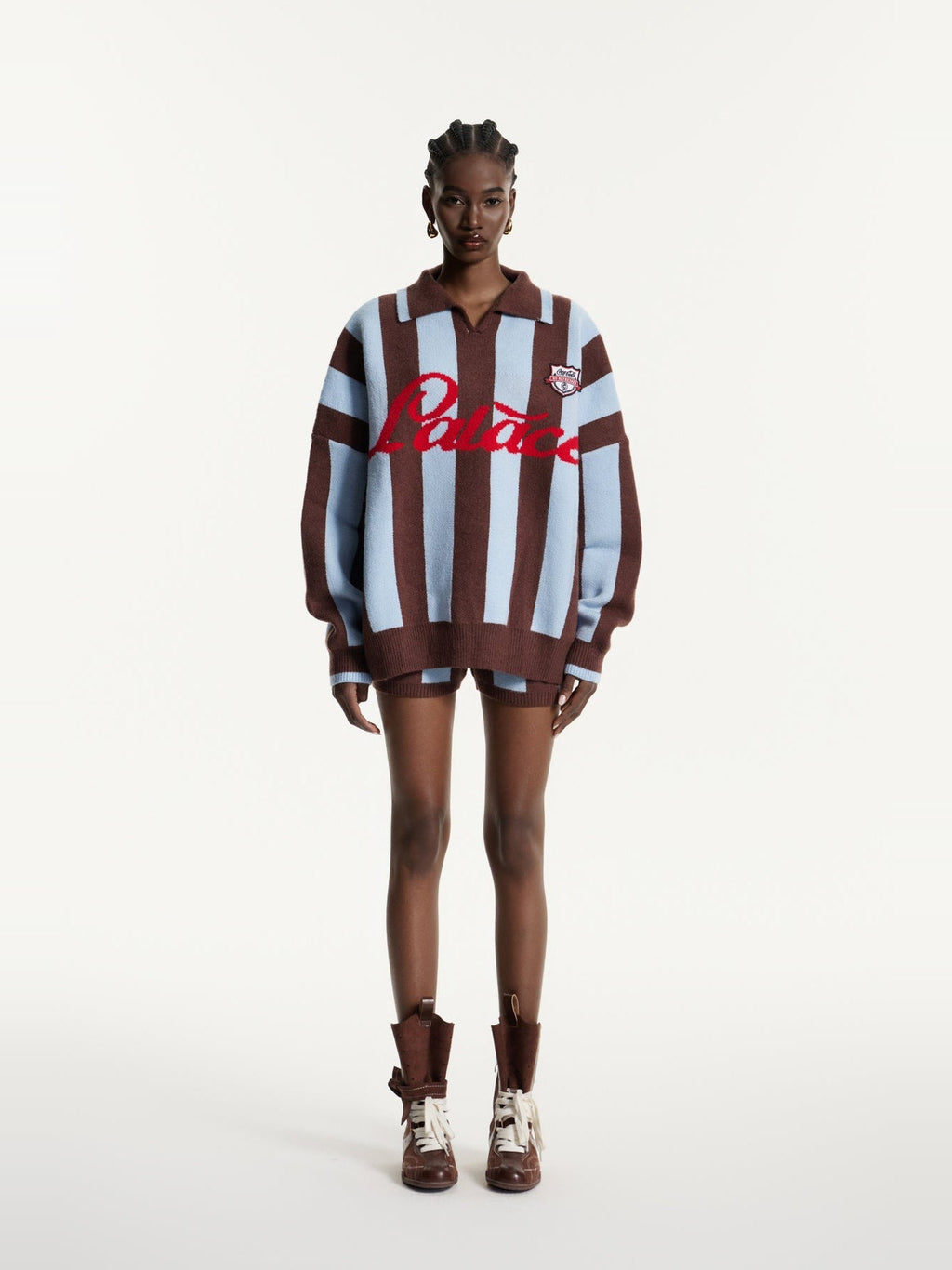 Edwena Striped Knit Polo Collar Shorts Set in Brown — Svelte Chic