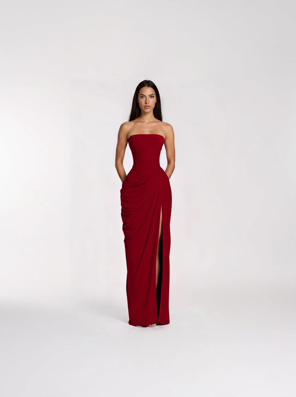 Safiya Draped Strapless Corset Maxi Dress in Burgundy — Svelte Chic