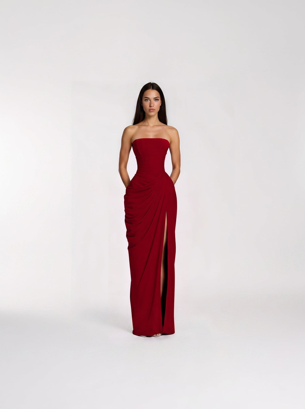 Safiya Draped Strapless Corset Maxi Dress in Burgundy — Svelte Chic