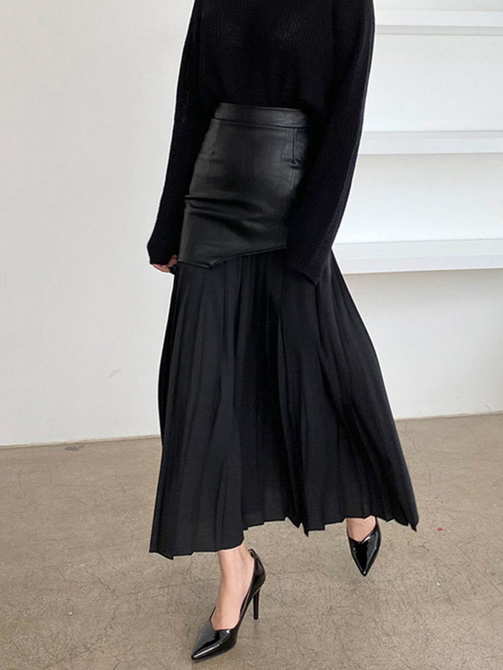 Asymmetric Faux Leather Pleated Midi Skirt in Black — Svelte Chic