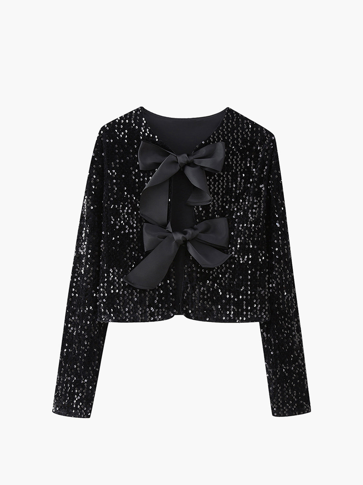 Bow-Detail Sequined Velvet Cropped Jacket in Black — Svelte Chic