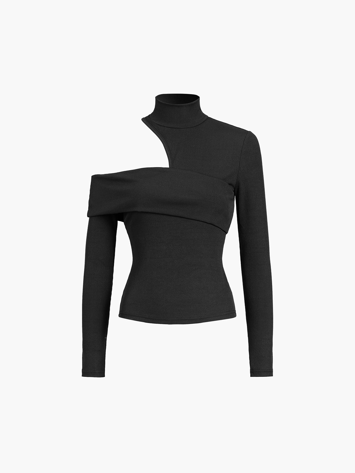 Mock Neck Asymmetric Cutout Ribbed Knit Top in Black — Svelte Chic