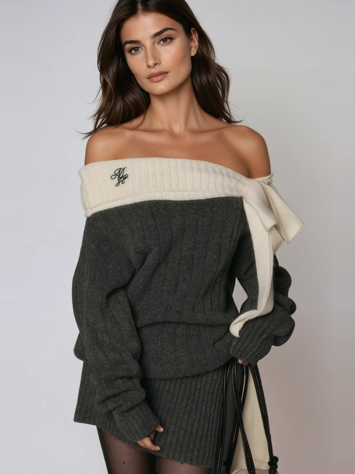 Devi Off-Shoulder Contrast Band Knit Mini Dress in Grey — Svelte Chic