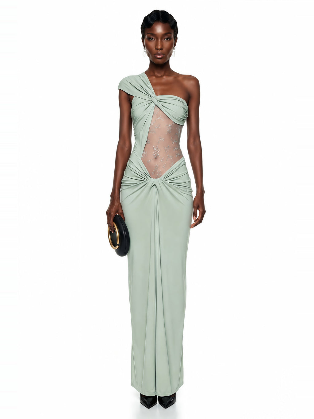 Tai One Shoulder Floral Lace Maxi Dress in Sage Green — Svelte Chic