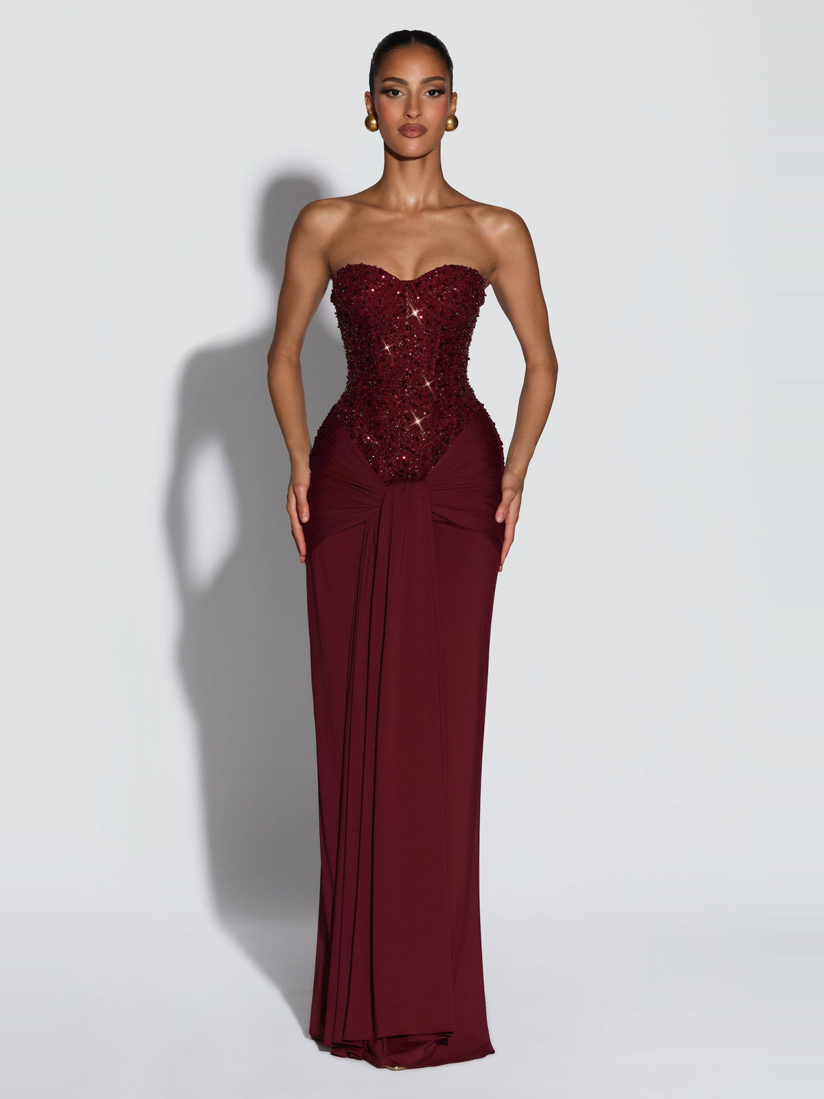 Carina Strapless Crystal Corset Maxi Dress in Burgundy — Svelte Chic