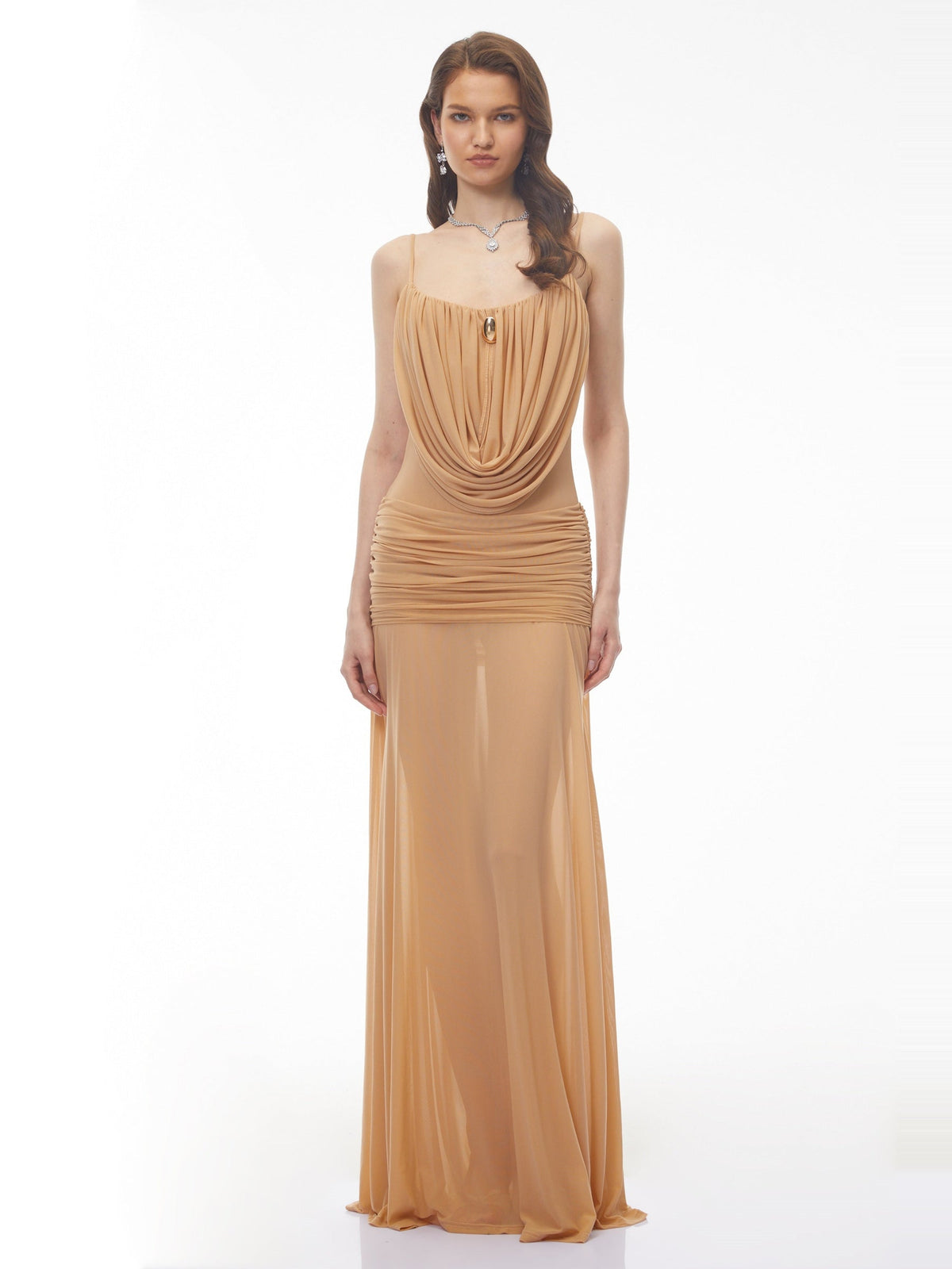 Mariana Gathered Cowl Neck Maxi Dress in Natural — Svelte Chic