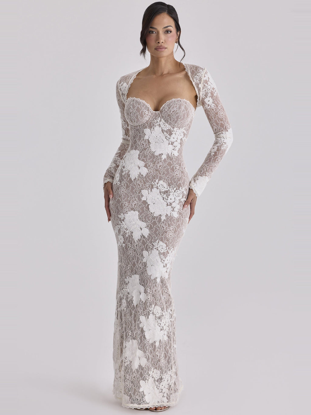 Lucienne Lace Corset Strapless Maxi Dress in Cream — Svelte Chic