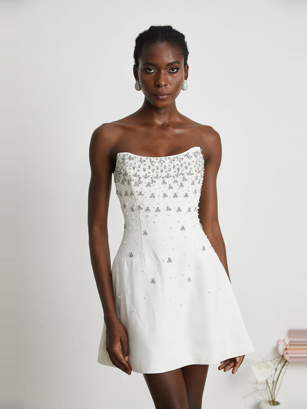 Melisande Off-Shoulder Beaded Sleeveless Mini Gown in White — Svelte Chic