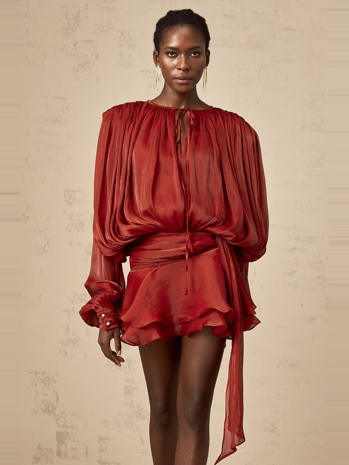 Eugenie Pleated Ruffle Mini Dress in Red — Svelte Chic