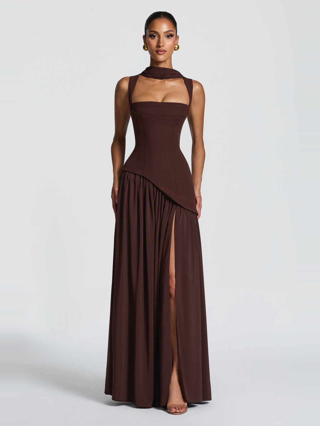 Tullulah Square Neck Corset Maxi Dress with Slit in Plum Brown — Svelte Chic