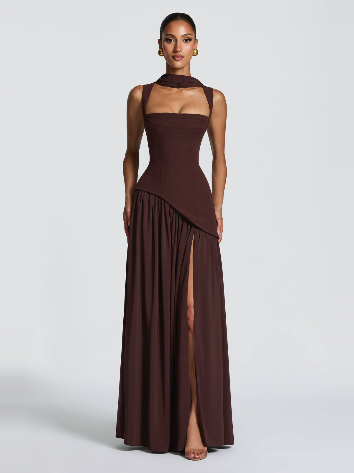 Tullulah Square Neck Corset Maxi Dress with Slit in Plum Brown — Svelte Chic