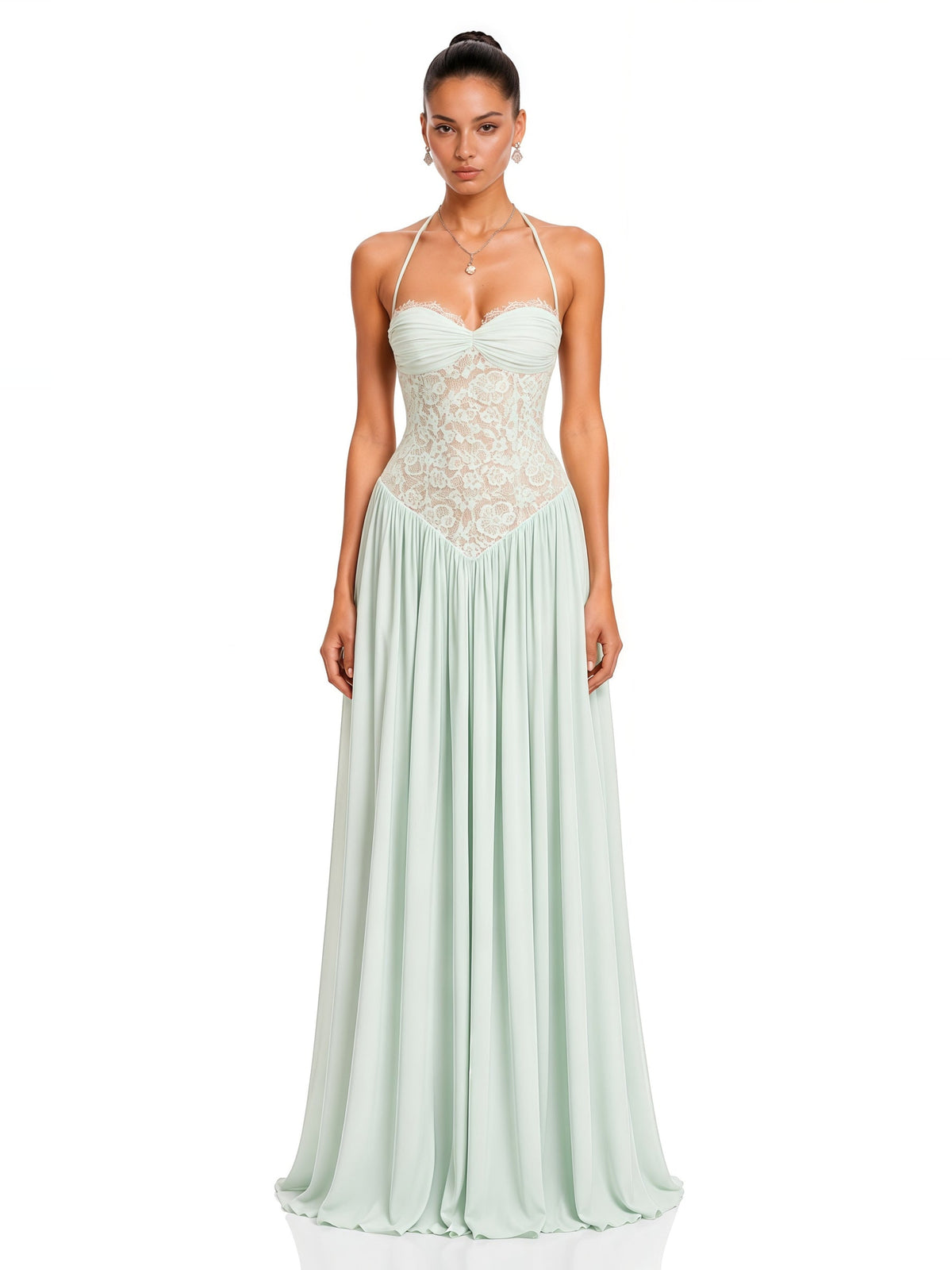 Joelle Halter Lace Corset Maxi Dress in Mint Green — Svelte Chic