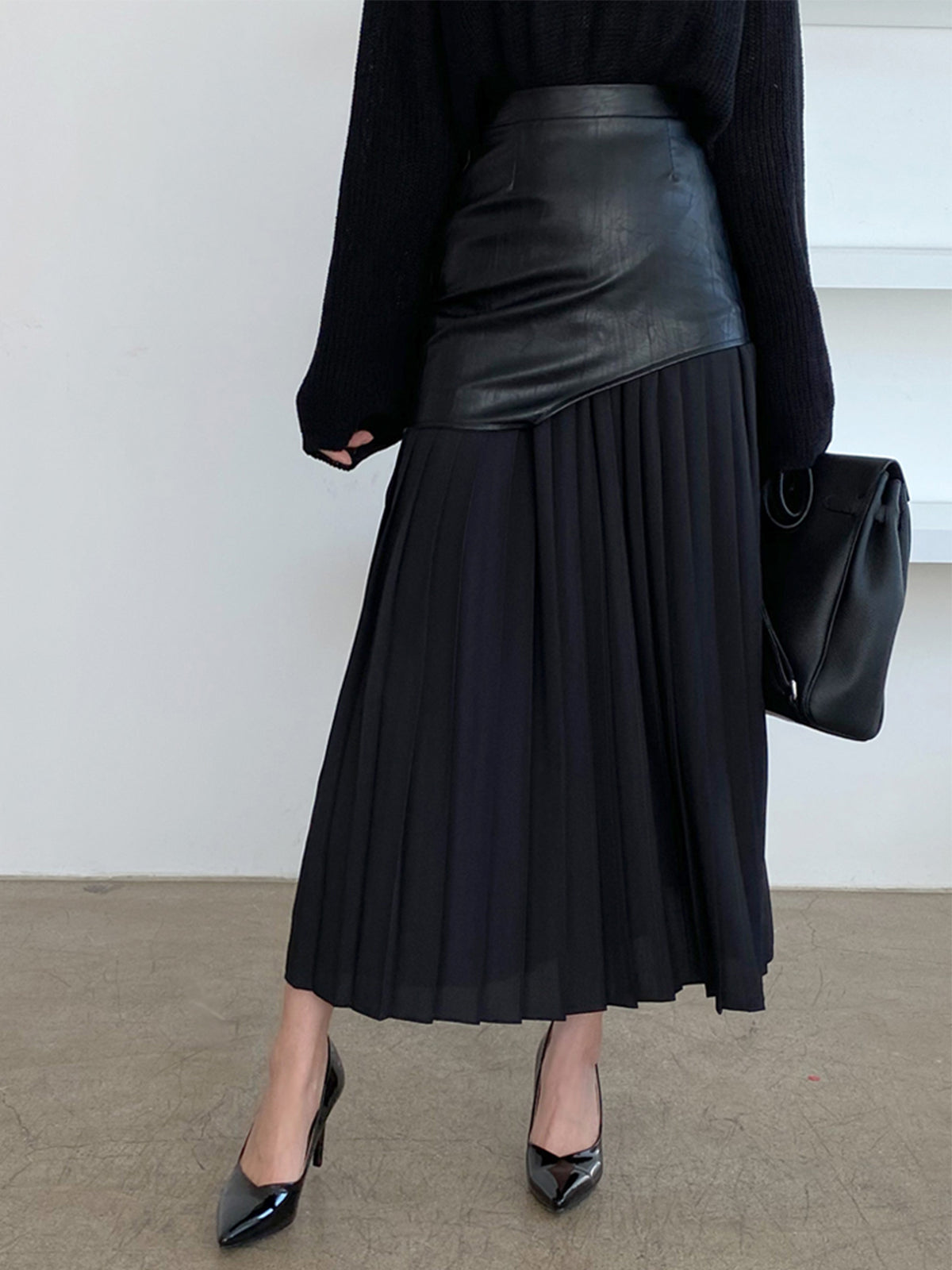 Asymmetric Faux Leather Pleated Midi Skirt — Svelte Chic