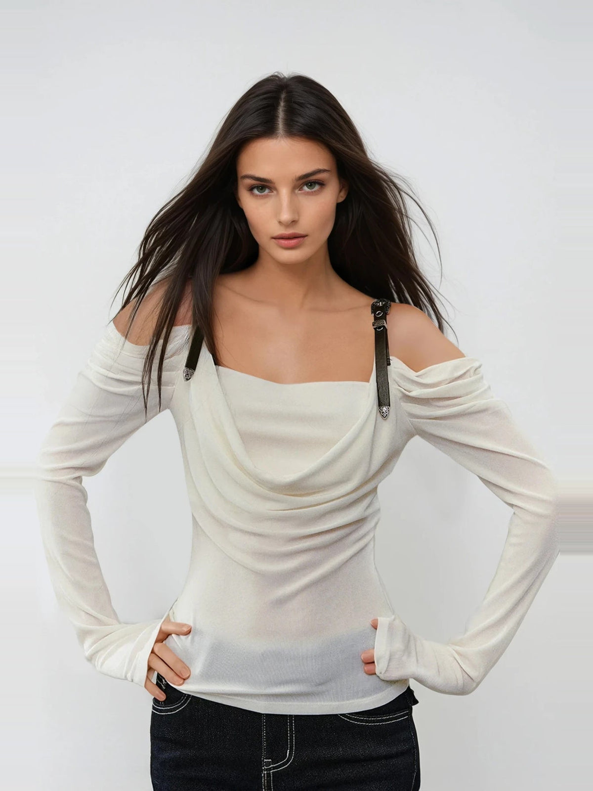 Derren Off-Shoulder Draped Buckle Strap Long Sleeve Top — Svelte Chic
