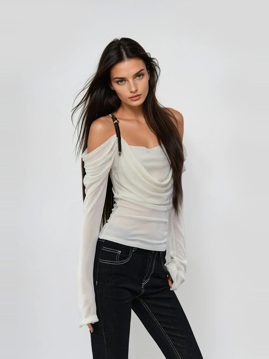 Derren Off-Shoulder Draped Buckle Strap Long Sleeve Top — Svelte Chic