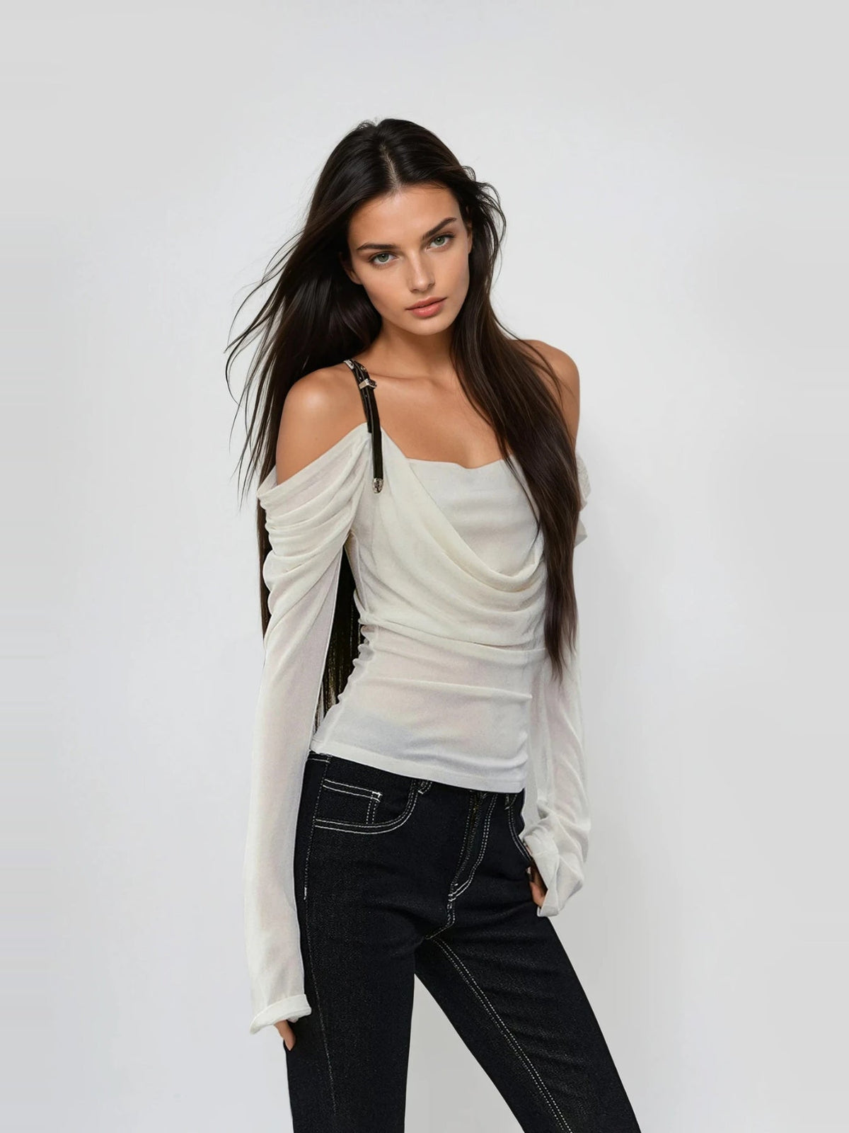 Derren Off-Shoulder Draped Buckle Strap Long Sleeve Top — Svelte Chic