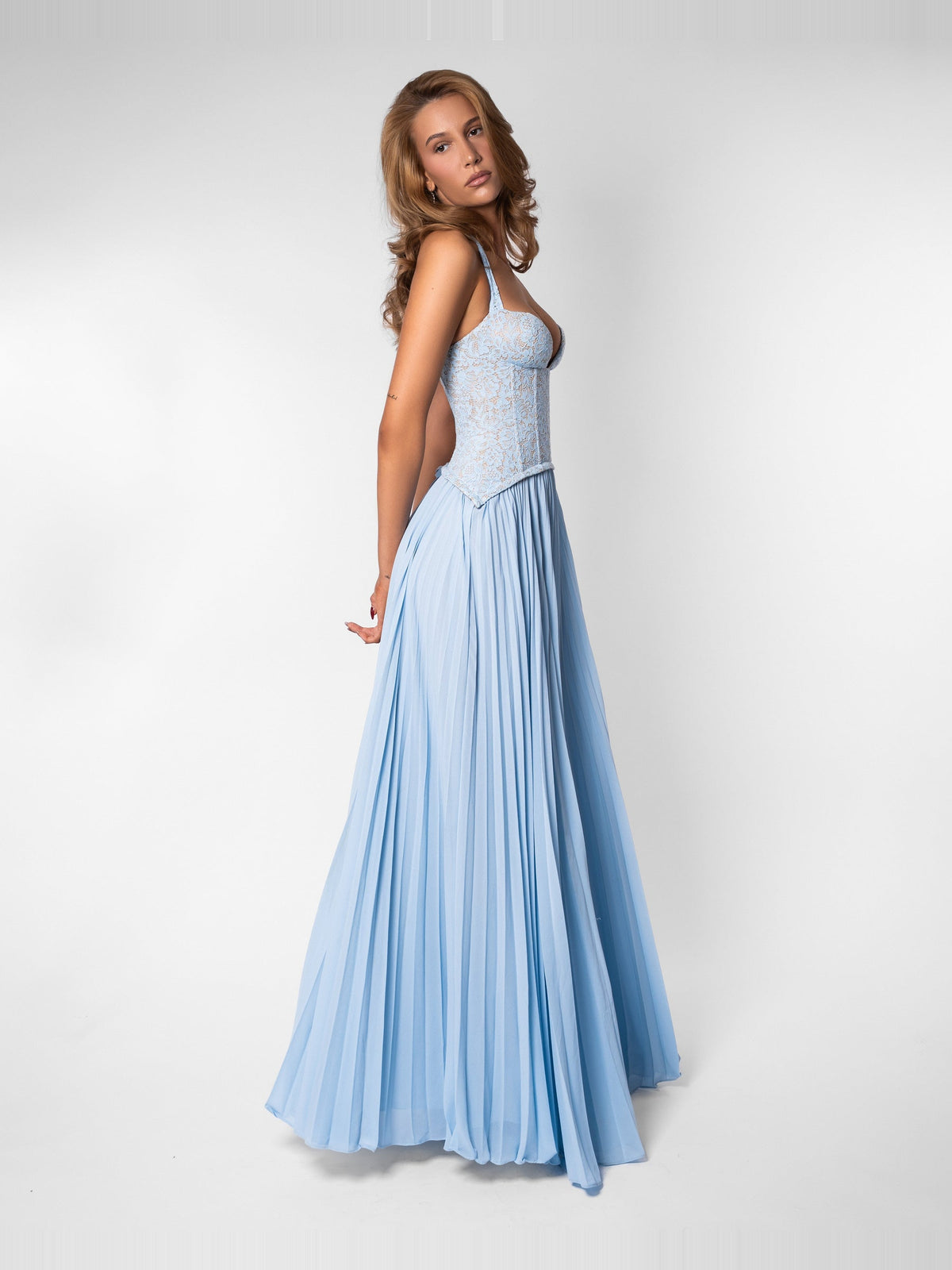 Gaia Lace Corset Pleated Maxi Dress — Svelte Chic